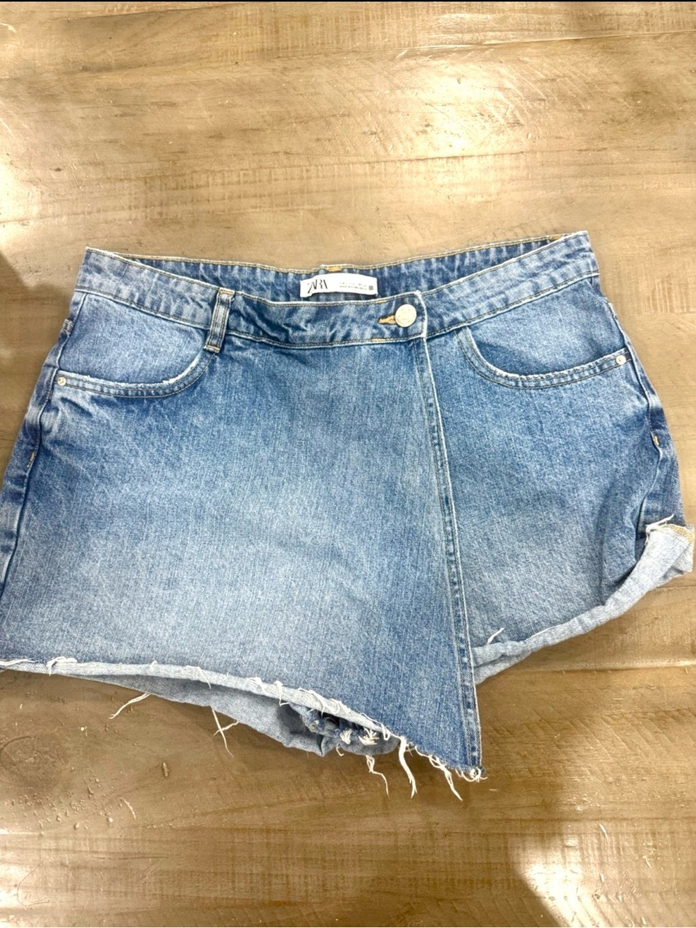 ZARA Light Blue Denim Wrap Skort High Rise Frayed Hem Shorts L